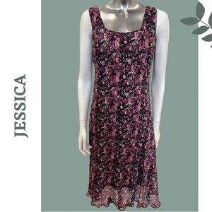 Jessica Floral Midi Dress | Black & Pink Sheer Overlay | Sleeveless Size 10